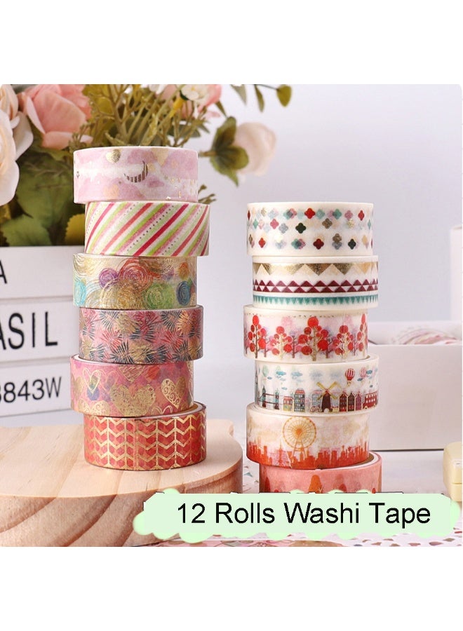 Gold Foil Washi Tape 12 Rolls, Floral Printed Cute Japanese Masking Washi Tape for Kid's DIY Craft, Journal Supplies, Scrapbook - Image 5