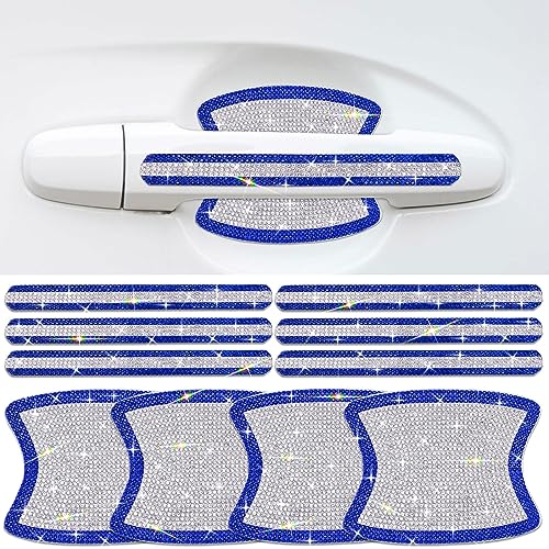 Gengki 10PCS Car Door Handle Bling Rhinestones Stickers, Gray Universal Auto Door Handle Safety Reflective Strips Blue White - Image 1