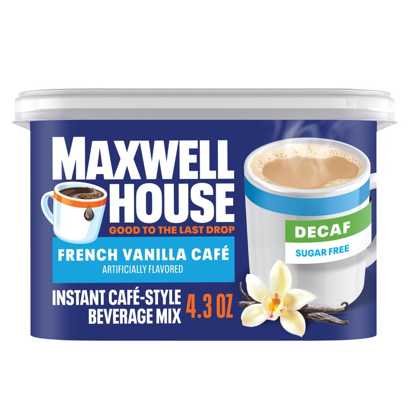 Maxwell House Instant Cafe-Style Beverage Mix, Decaf and Sugar Free, Easy to Prepare, 1 Canister, for Quick Morning Coffee or Afternoon Treat, French Vanilla Cafe, Kosher Dairy, 4.3 oz - Image 1