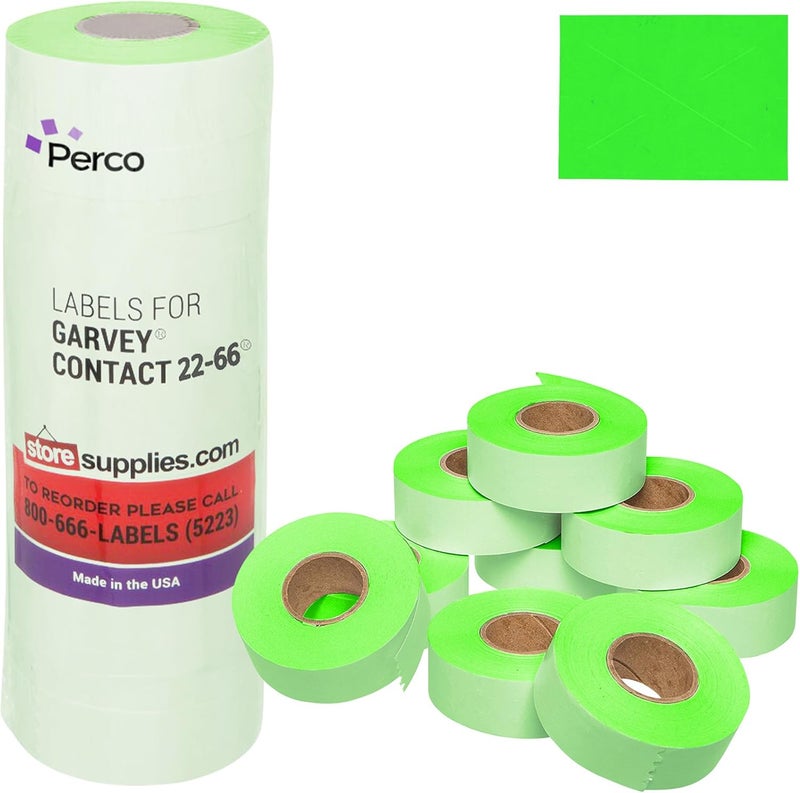 Perco Fluorescent Green Garvey 2216 Pricing Labels for Garvey 22-66/22-77/22-88 Two Line Pricing Gun - 9 Rolls, 1 Sleeve - 9,000 Pricemarking Labels and 1 Inker Included - Image 1