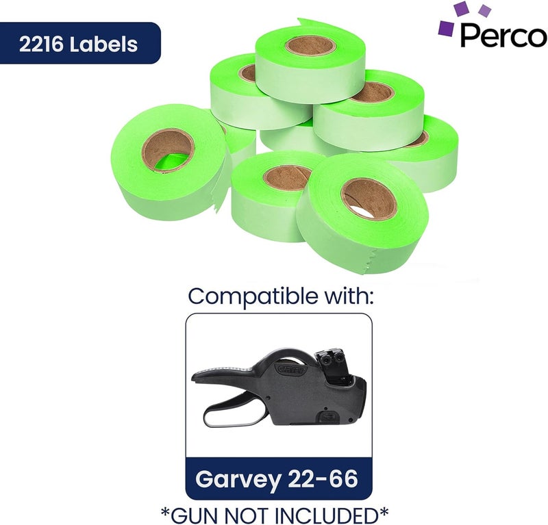 Perco Fluorescent Green Garvey 2216 Pricing Labels for Garvey 22-66/22-77/22-88 Two Line Pricing Gun - 9 Rolls, 1 Sleeve - 9,000 Pricemarking Labels and 1 Inker Included - Image 2