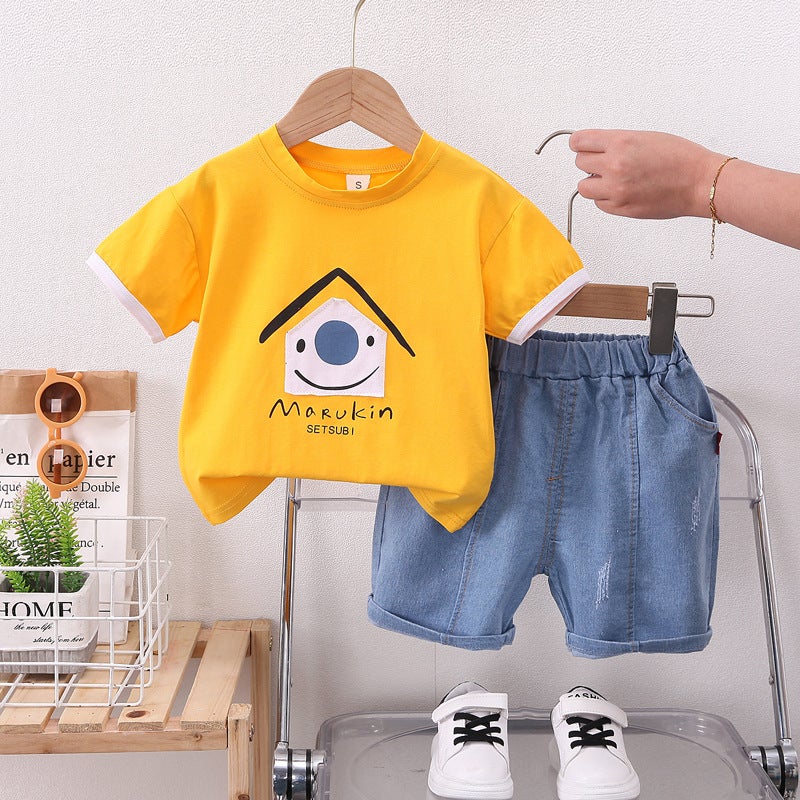 2023 Childrens Wear Summer New Boys Baby Cartoon Big Nose House Short-sleeved Denim Shorts Two-piece Fashionable Yellow 
