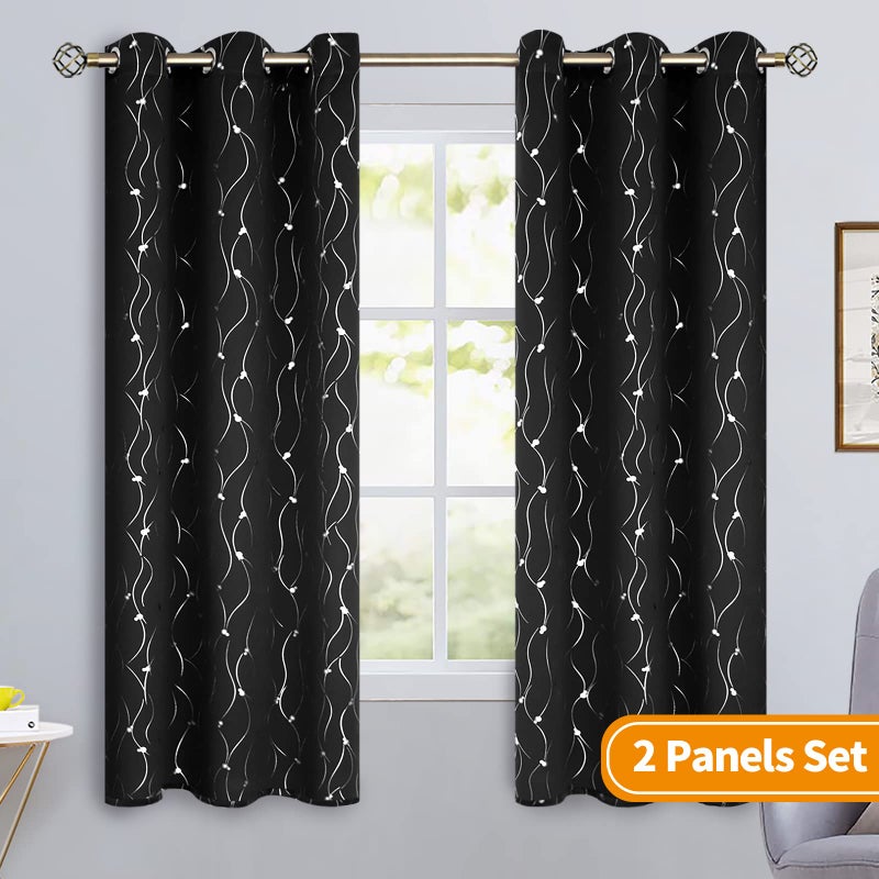 BGment بئسة الستائر Black Blackout 63 بوصة طول 2 لوحات مجموعة جروميت الغرفة المعزولة الحرارية الستائر نافذة النافذة مع خط الموجة ونقاط مطبوعة لغرفة النوم 42 × 63 بوصة أسود - Image 2