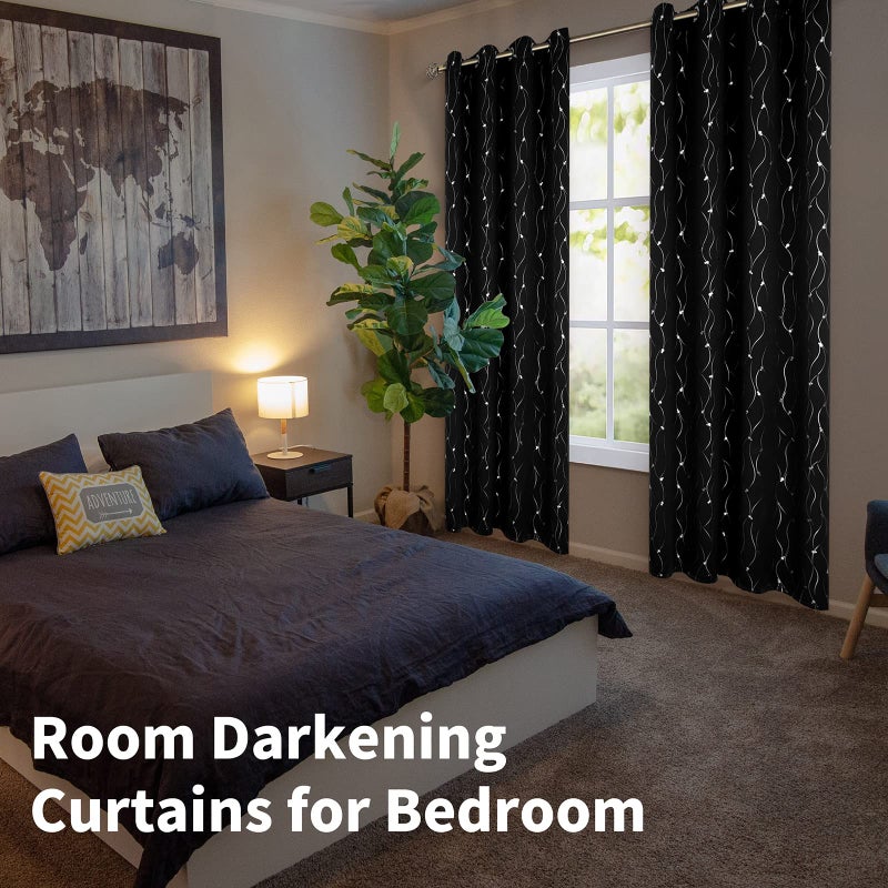 BGment بئسة الستائر Black Blackout 63 بوصة طول 2 لوحات مجموعة جروميت الغرفة المعزولة الحرارية الستائر نافذة النافذة مع خط الموجة ونقاط مطبوعة لغرفة النوم 42 × 63 بوصة أسود - Image 3