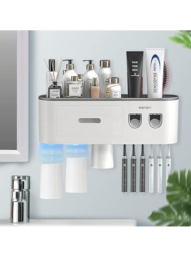 Arabest Toothbrush Holder with Automatic Toothpaste Dispensers, Toothbrush Holders Wall Mounted, 6 Brush Slots, 3 Magnetic Cups,1 Cosmetic Drawer Organizer and 1 Large Storage Tray  - Image 1