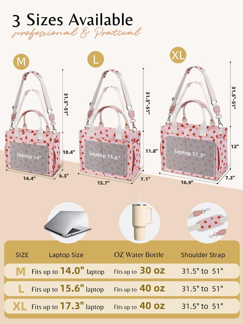 BESBESME Canvas Tote Bag for Women with Zipper, Compartments & Luggage Sleeve, Work and College Crossbody Bag, Laptop Purse for Teacher, Nurse, Travel, Bible Study, Pink Small Strawberry M - Image 5