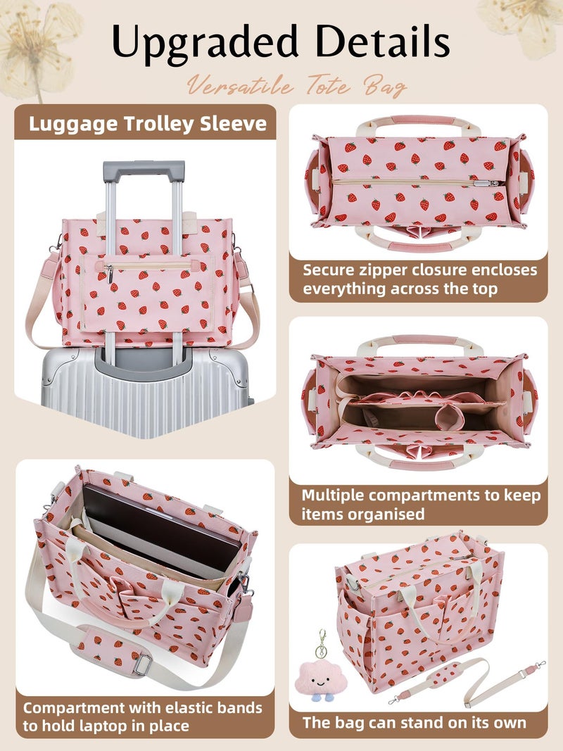 BESBESME Canvas Tote Bag for Women with Zipper, Compartments & Luggage Sleeve, Work and College Crossbody Bag, Laptop Purse for Teacher, Nurse, Travel, Bible Study, Pink Small Strawberry M - Image 3