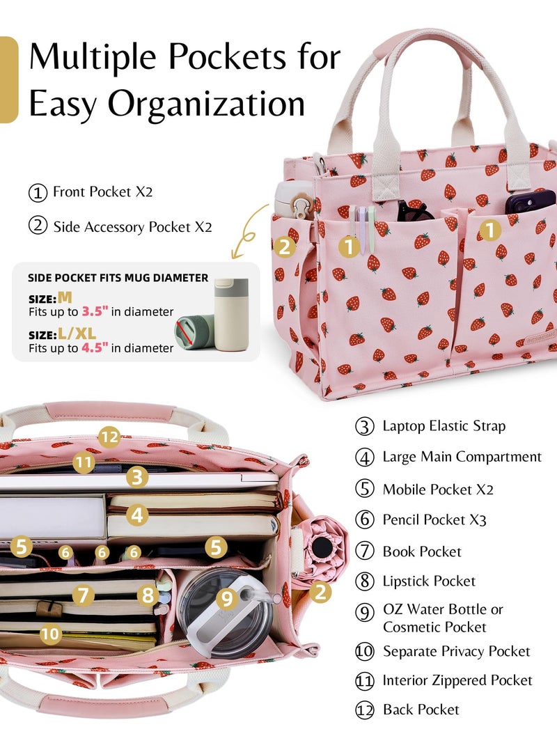 BESBESME Canvas Tote Bag for Women with Zipper, Compartments & Luggage Sleeve, Work and College Crossbody Bag, Laptop Purse for Teacher, Nurse, Travel, Bible Study, Pink Small Strawberry M - Image 4