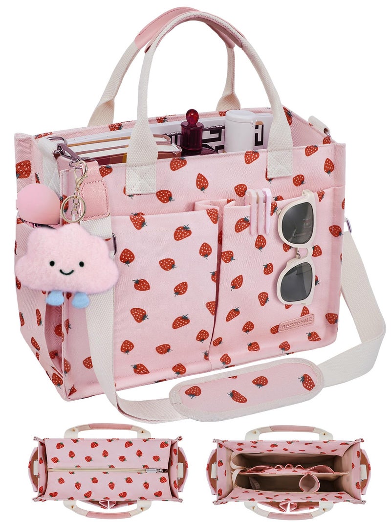 BESBESME Canvas Tote Bag for Women with Zipper, Compartments & Luggage Sleeve, Work and College Crossbody Bag, Laptop Purse for Teacher, Nurse, Travel, Bible Study, Pink Small Strawberry M - Image 1