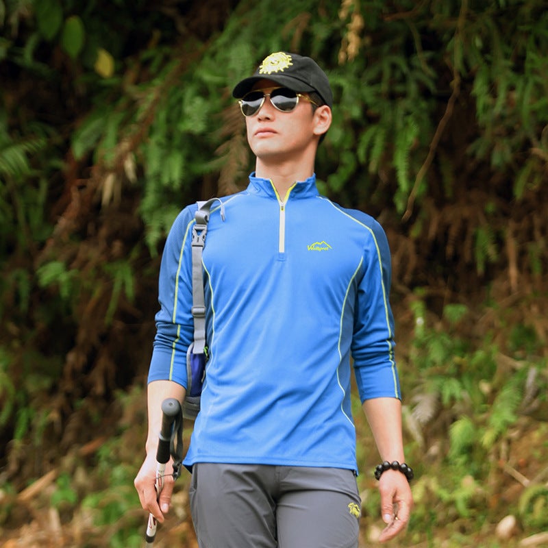 Summer Outdoor Sunscreen Long-sleeved T-shirt Mens and Womens Sports Leisure Half Zipper Shirt Running Couple Training Clothes Quick-drying Clothes male color blue