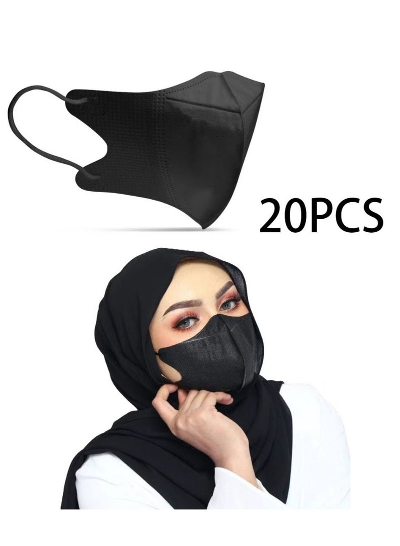 20 قطعة 3D قناع الوجه القابل للتصرف للجنسين قناع الوجه المرشح 3 طبقات للبالغين مع حلقة الأذن المرنة - أسود - Image 1