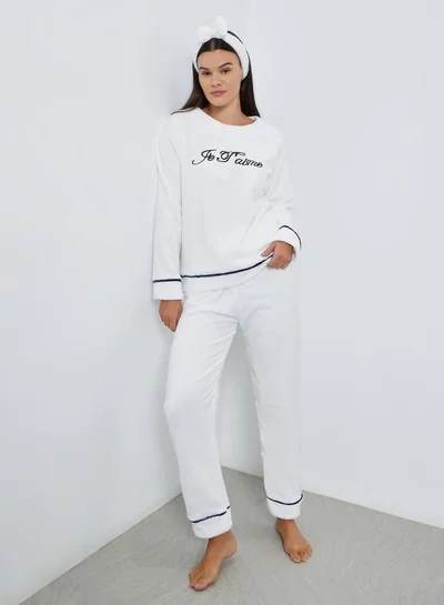 Styli Fleece Contrast Piped Top, Headband and Pyjama Set
