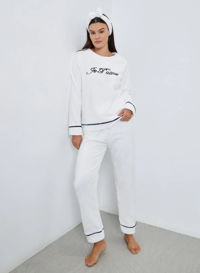 Styli Fleece Contrast Piped Top, Headband and Pyjama Set