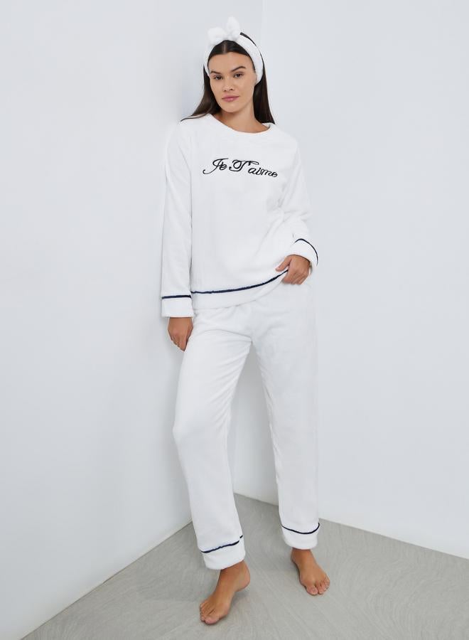 Styli Fleece Contrast Piped Top, Headband and Pyjama Set - Image 1