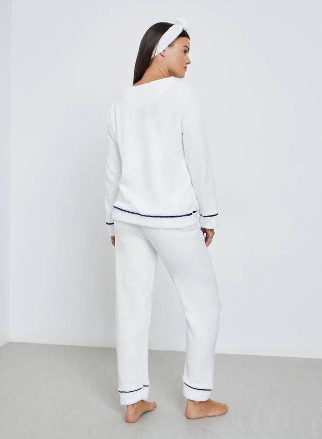 Styli Fleece Contrast Piped Top, Headband and Pyjama Set