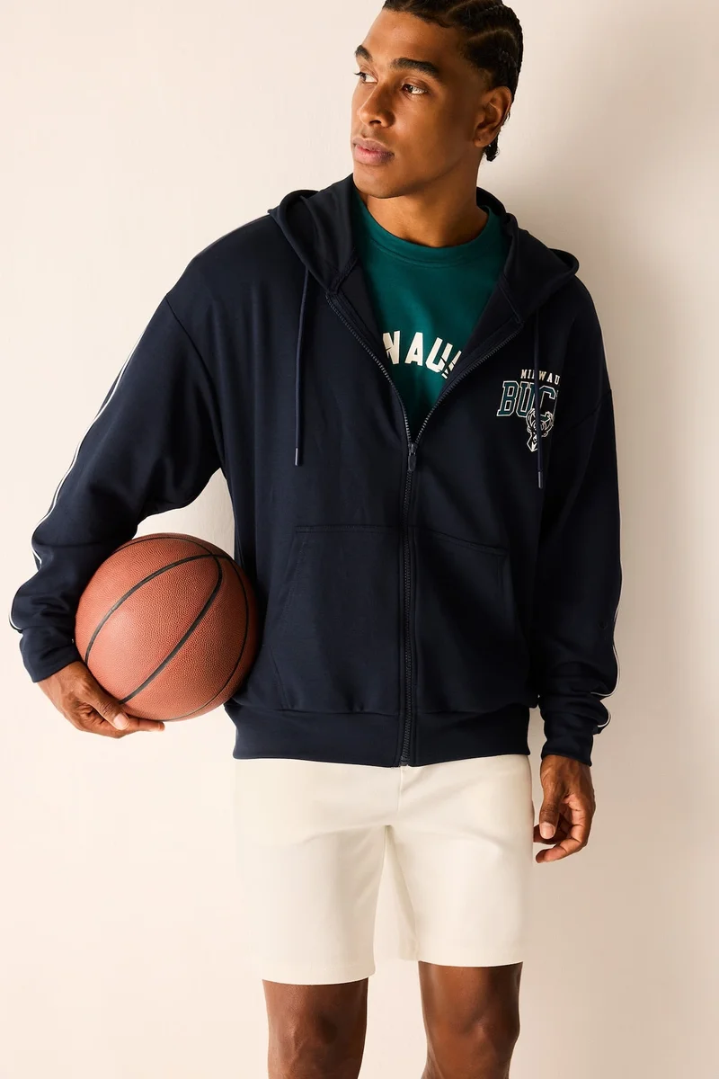 Defacto Oversize Fit NBA Milwaukee Bucks Zip-Up Hoodie