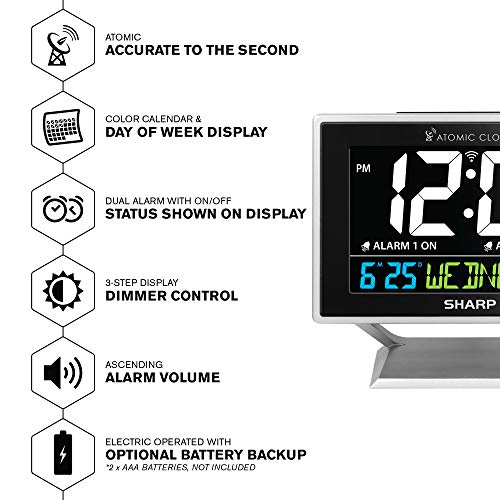 Sharp Desktop Dual Alarm Clock with Color Display - Atomic Accuracy - Calendar & Day of Week Time/Date Display - Image 3