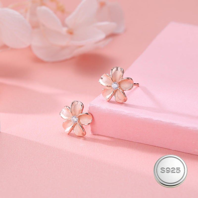 Reffeer Solid 925 Sterling Silver Plumeria Flower Stud Earrings for Women Teen Girls Crystal Flower Stud Earrings (C-Rose Gold) - Image 3
