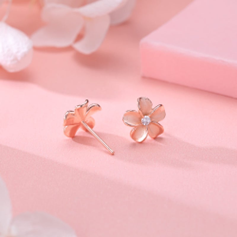Reffeer Solid 925 Sterling Silver Plumeria Flower Stud Earrings for Women Teen Girls Crystal Flower Stud Earrings (C-Rose Gold) - Image 5