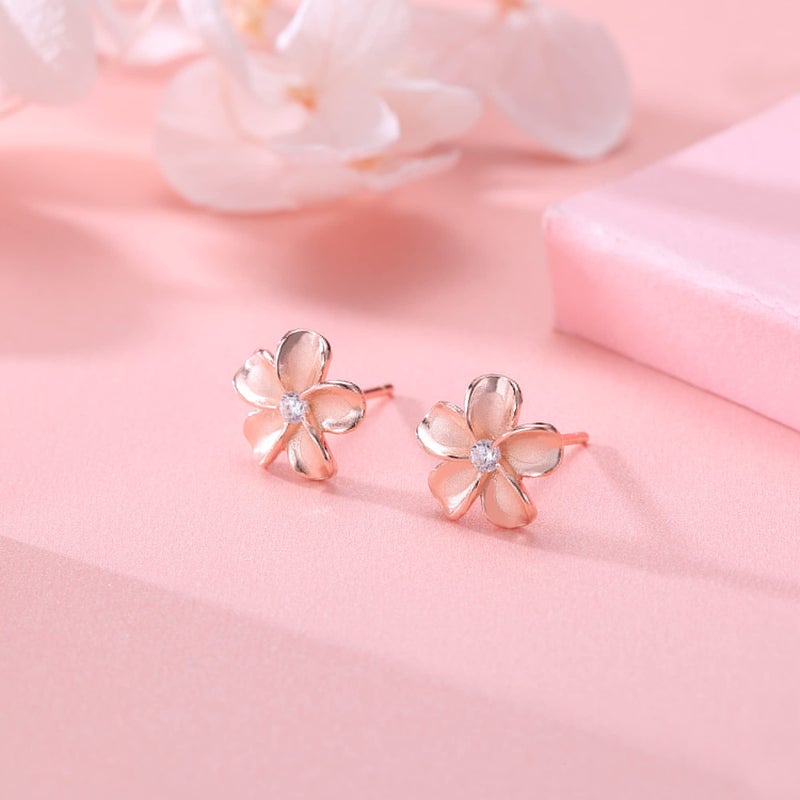 Reffeer Solid 925 Sterling Silver Plumeria Flower Stud Earrings for Women Teen Girls Crystal Flower Stud Earrings (C-Rose Gold) - Image 4