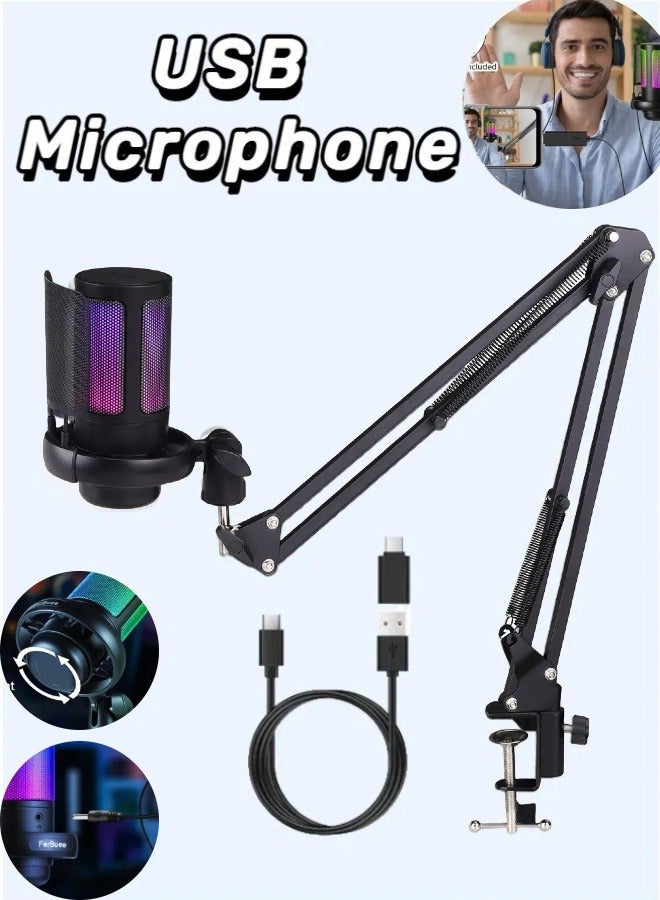 Gaming Microphone, USB PC Microphone for Streaming, Podcasting, Recording with RGB Controls, with Mute on, Volume Control and 3.5mm Headphone Jack, Black - with Boom Arm - Image 1