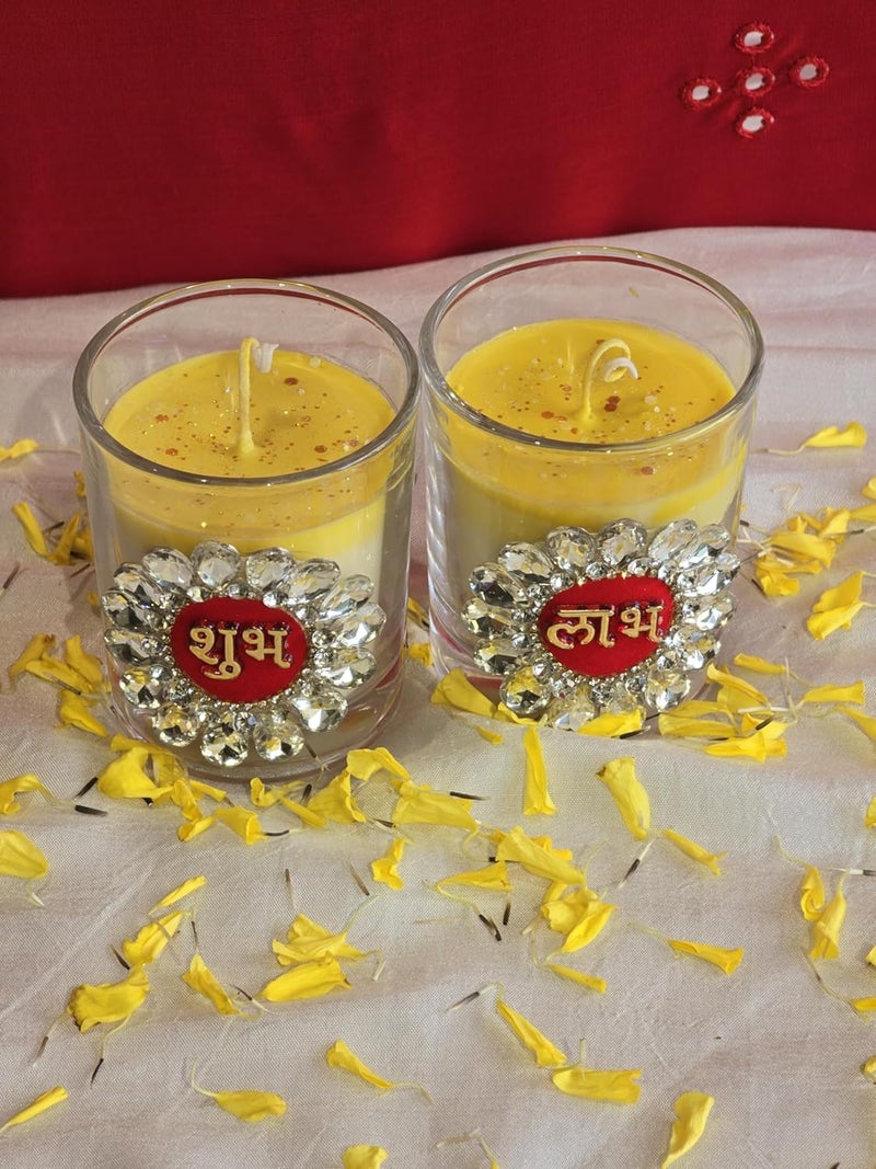Velas Hand Crafted Shubh Labh Glass Soy Wax Candles with Rose Scent Perfect for Home Decor Lighting Diwali Gifting Pack of 2