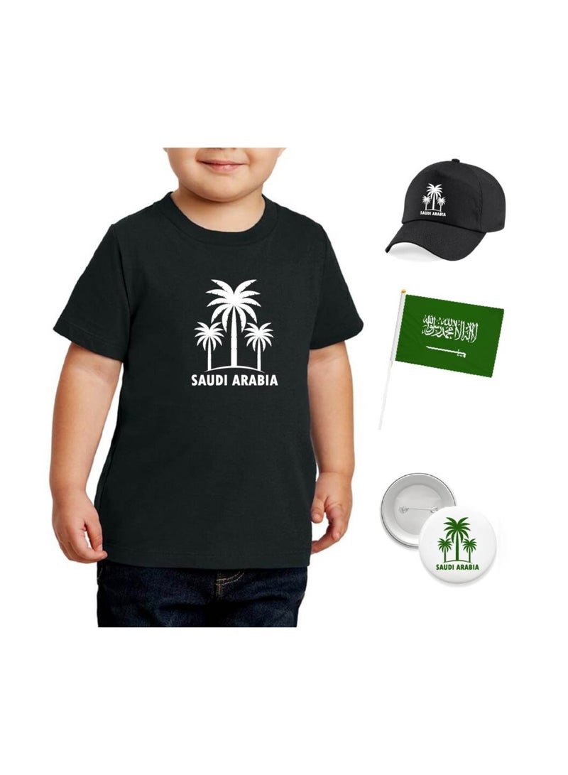 Saudi National Day T Shirt for Boys, Cap, Badge, Flag Set Celebrate Pakistan Saudi National Day with this Kids Combo Pack in Style - Image 1