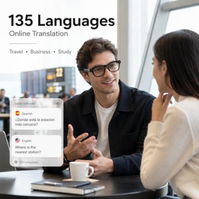 نظارات ذكية يمكن ارتداؤها بتقنية الذكاء الاصطناعي، نظارات شمسية مترجمة بـ 135 لغة مع مساعد صوتي، صوت مفتوح للأذن، عدسات UV ذات لون تلقائي، التقاط بصري بدقة 8 ميجابكسل للسفر والعمل - Image 5