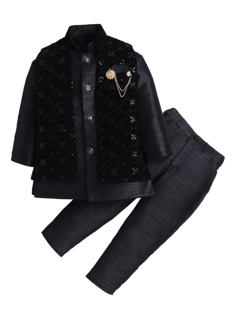 AHHAAAA Boy's Velvet 3-Piece Indo-Western Set|Kids Sequin Embellished Work, Velvet Sherwani Set|Ideal for any Festivals/Weddings Occasion|Black, 9-10 Years| - Image 1