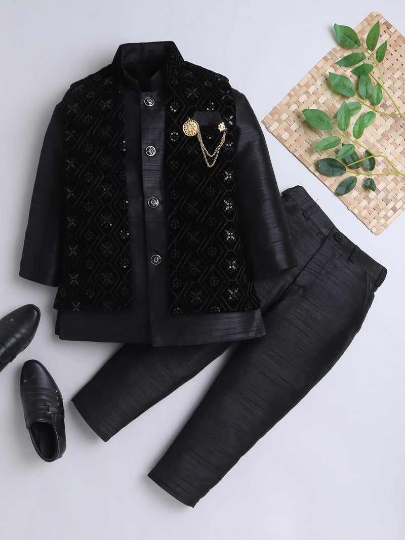 AHHAAAA Boy's Velvet 3-Piece Indo-Western Set|Kids Sequin Embellished Work, Velvet Sherwani Set|Ideal for any Festivals/Weddings Occasion|Black, 9-10 Years| - Image 2