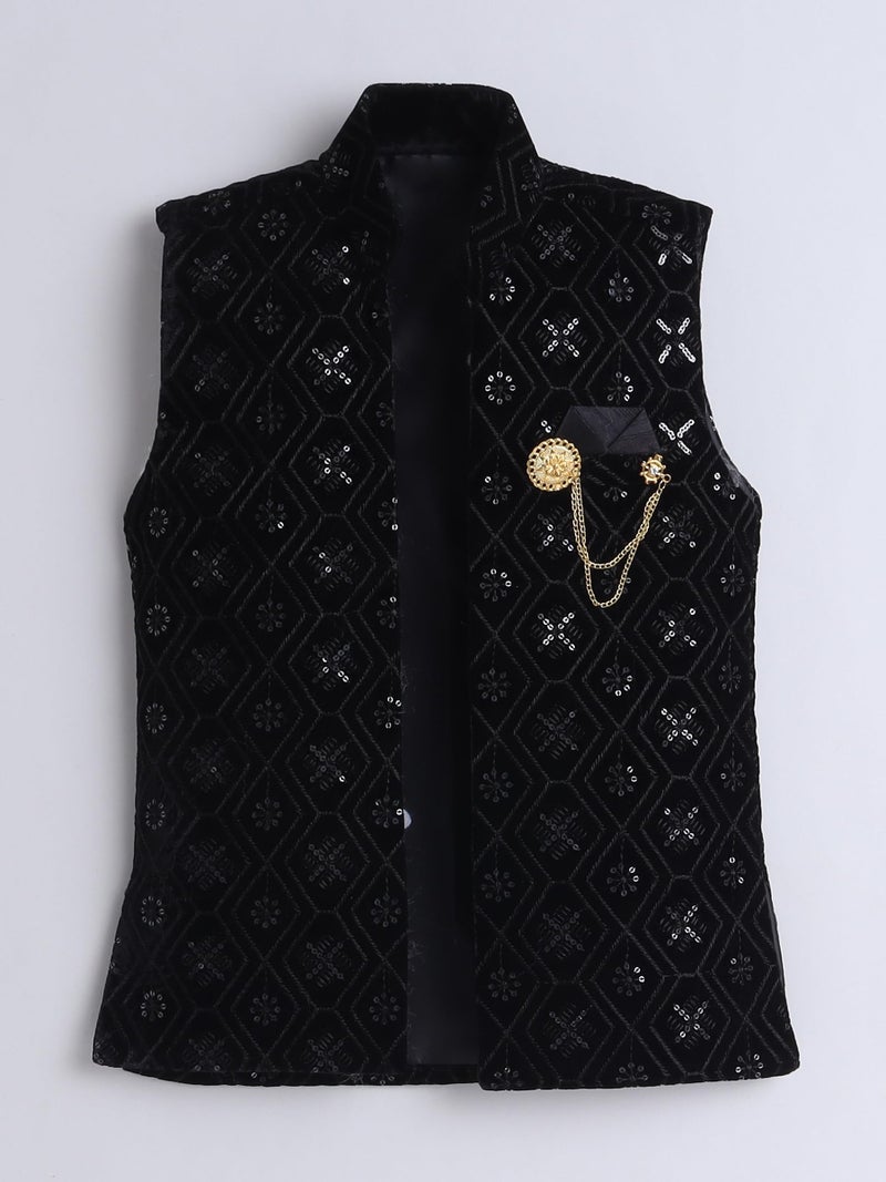 AHHAAAA Boy's Velvet 3-Piece Indo-Western Set|Kids Sequin Embellished Work, Velvet Sherwani Set|Ideal for any Festivals/Weddings Occasion|Black, 9-10 Years| - Image 3
