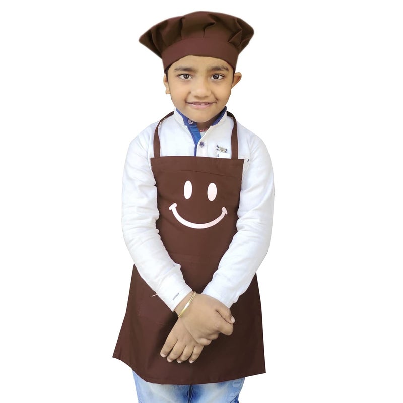 Switchon Switchon Polyester Waterproof Adjustable Kids Multi purpose Cooking Apron with a chef cap School Apron for 6 years to 12 years Proudly made in india Brown - Image 1
