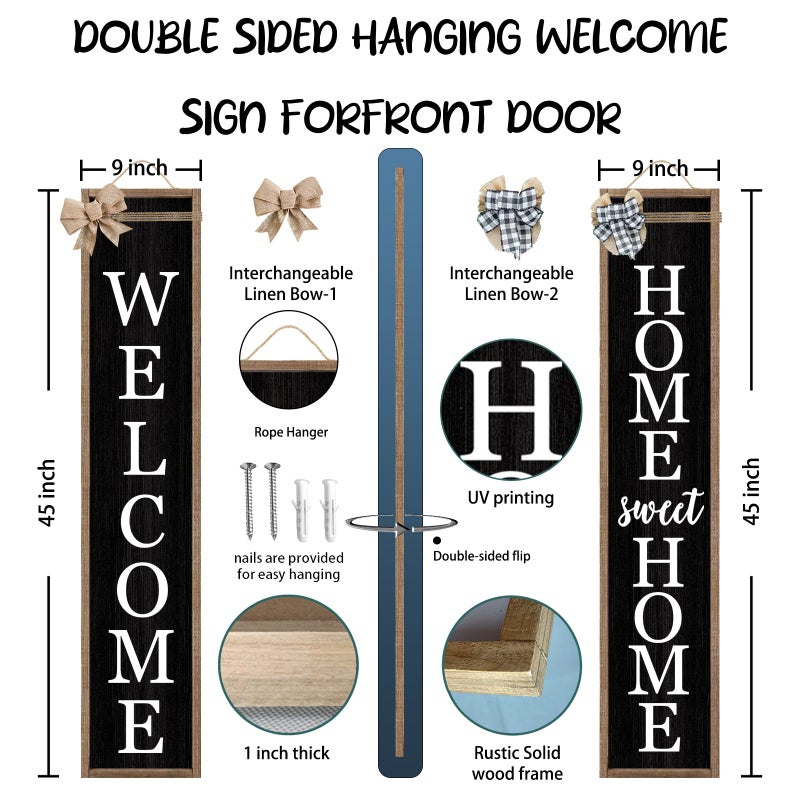 Surfapans Outdoor Welcome Sign for Front Porch Standing Large 2 Sided 45"X9" Wooden Frame Tall Vertical Leaner Long Home Sweet Home Front Door Sign for Rustic Outside Farmhouse Modern Decor (Wood Black) - Image 2