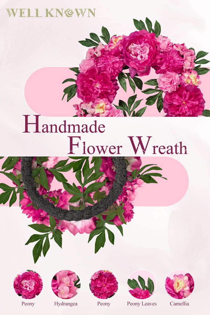 WELL KNOWN Wreaths for Front Door, WELL KNOWN Flowering Fall Wreath for Front Door, Silk Peony Wreath as Front Door Decor, Hot Pink Wall Hanging Home Party Wedding Shop Hotel Office Decor Gift - Image 4