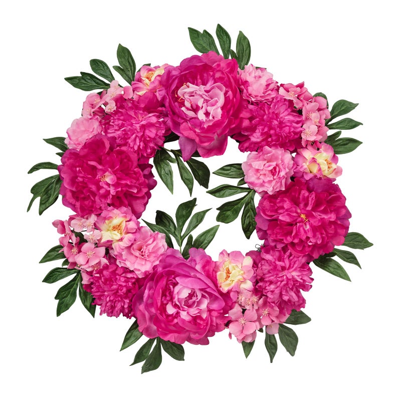 WELL KNOWN Wreaths for Front Door, WELL KNOWN Flowering Fall Wreath for Front Door, Silk Peony Wreath as Front Door Decor, Hot Pink Wall Hanging Home Party Wedding Shop Hotel Office Decor Gift - Image 1