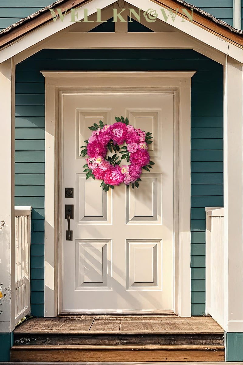 WELL KNOWN Wreaths for Front Door, WELL KNOWN Flowering Fall Wreath for Front Door, Silk Peony Wreath as Front Door Decor, Hot Pink Wall Hanging Home Party Wedding Shop Hotel Office Decor Gift - Image 5