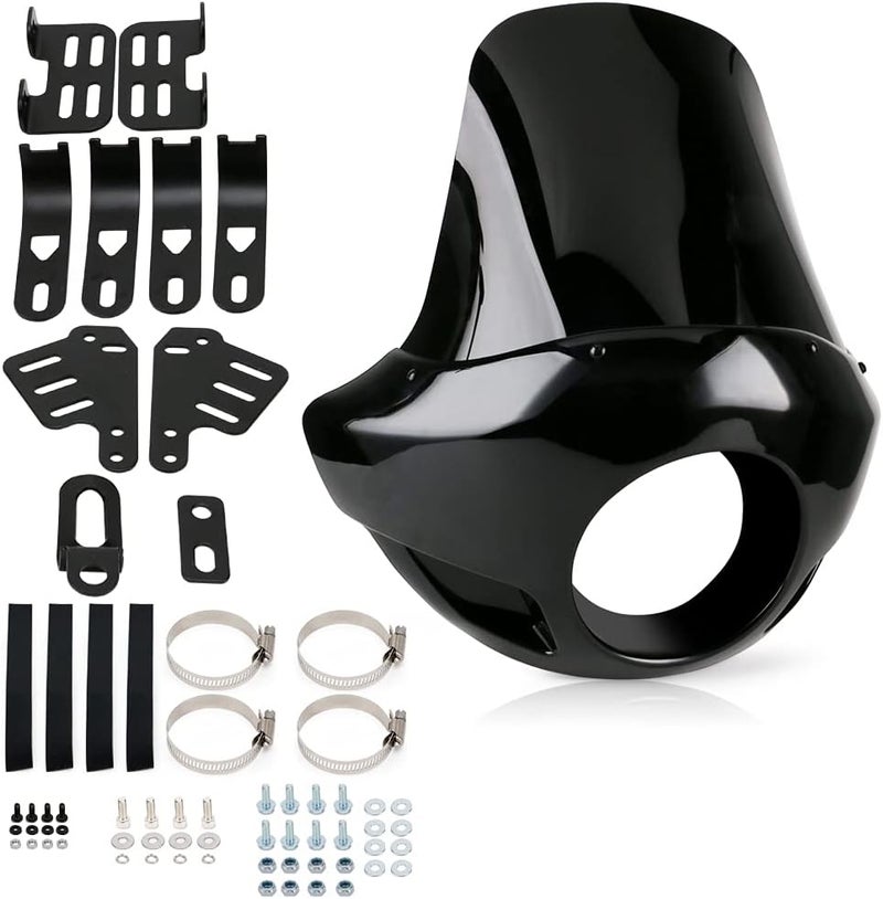 PACEWALKER Motorcycle 17" Tall Fairing Touring Sport Windshield Club Style Kit Blackout 5.75" Headlight Fairing Windshield for Super Glide T-Sport FXDXT, FXR Long Style (Gloss Black) - Image 1