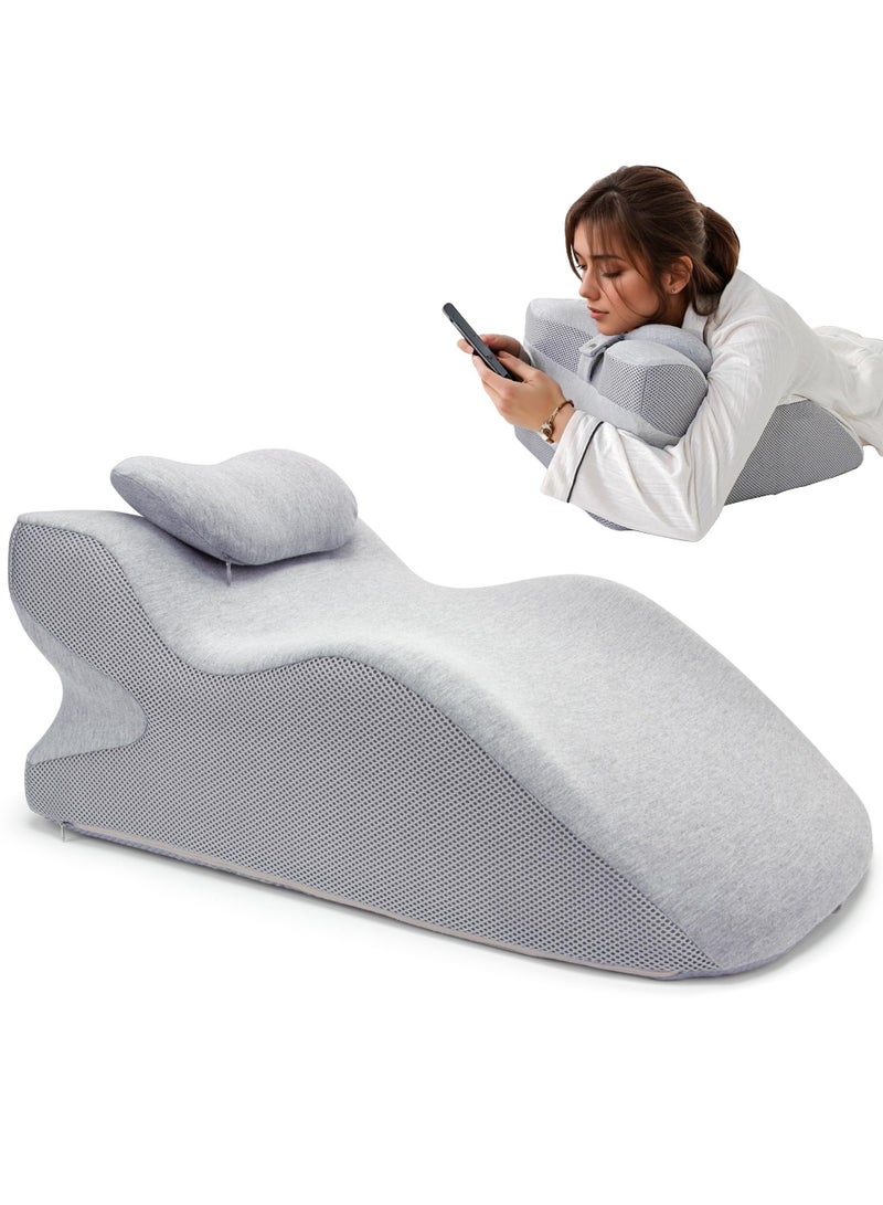 Adult Ergonomic Memory Foam Bed Triangle Wedge Pillow Headboard for Sitting up Back Neck Pain Relief with Face Down Massage Prone Pillow Function for Reading, with Washable Cover (Grey) - Image 1
