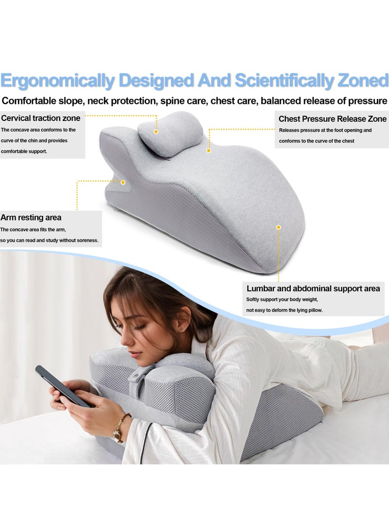 Adult Ergonomic Memory Foam Bed Triangle Wedge Pillow Headboard for Sitting up Back Neck Pain Relief with Face Down Massage Prone Pillow Function for Reading, with Washable Cover (Grey) - Image 3