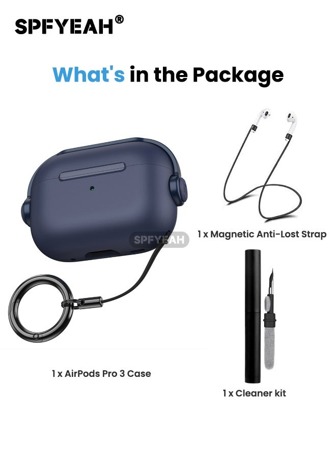 غطاء حافظة AirPods Pro 3 (2025)، مع قفل أمان وحلقة مفاتيح ومجموعة تنظيف وحزام مغناطيسي مضاد للضياع، تصميم سماعة رأس موسيقية، مصباح أمامي مرئي، غطاء واقٍ مقاوم للصدمات لـ AirPods Pro الجيل الثالث، أزرق - view 3