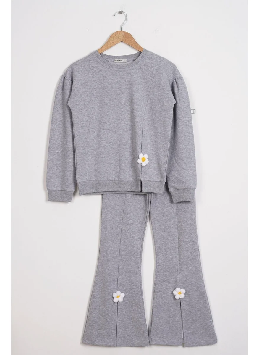 Zepkids Crew Neck Long Sleeve Daisy Detailed Long Sleeve Gray Color Girls Tracksuit Set