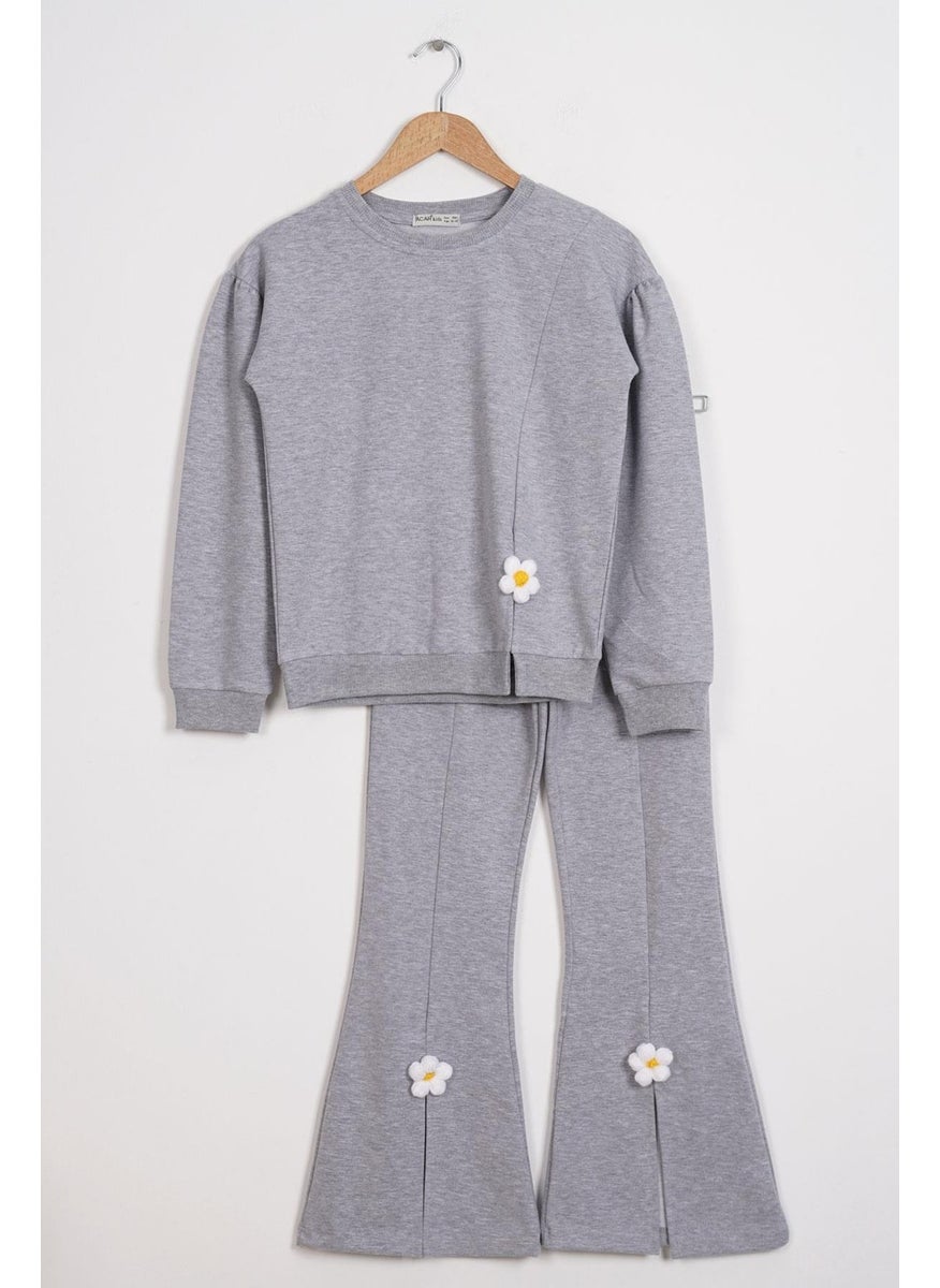 Zepkids Crew Neck Long Sleeve Daisy Detailed Long Sleeve Gray Color Girls Tracksuit Set  - Image 1