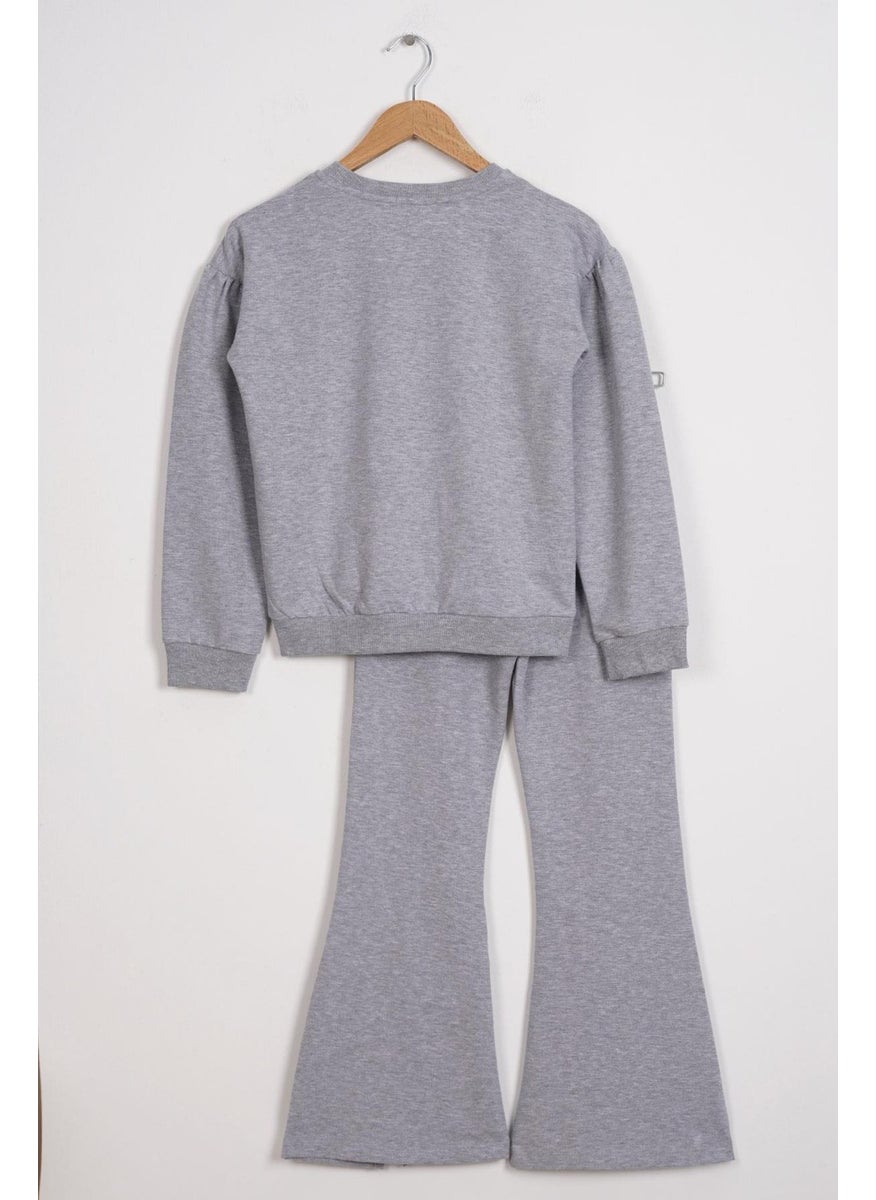 Zepkids Crew Neck Long Sleeve Daisy Detailed Long Sleeve Gray Color Girls Tracksuit Set  - Image 3