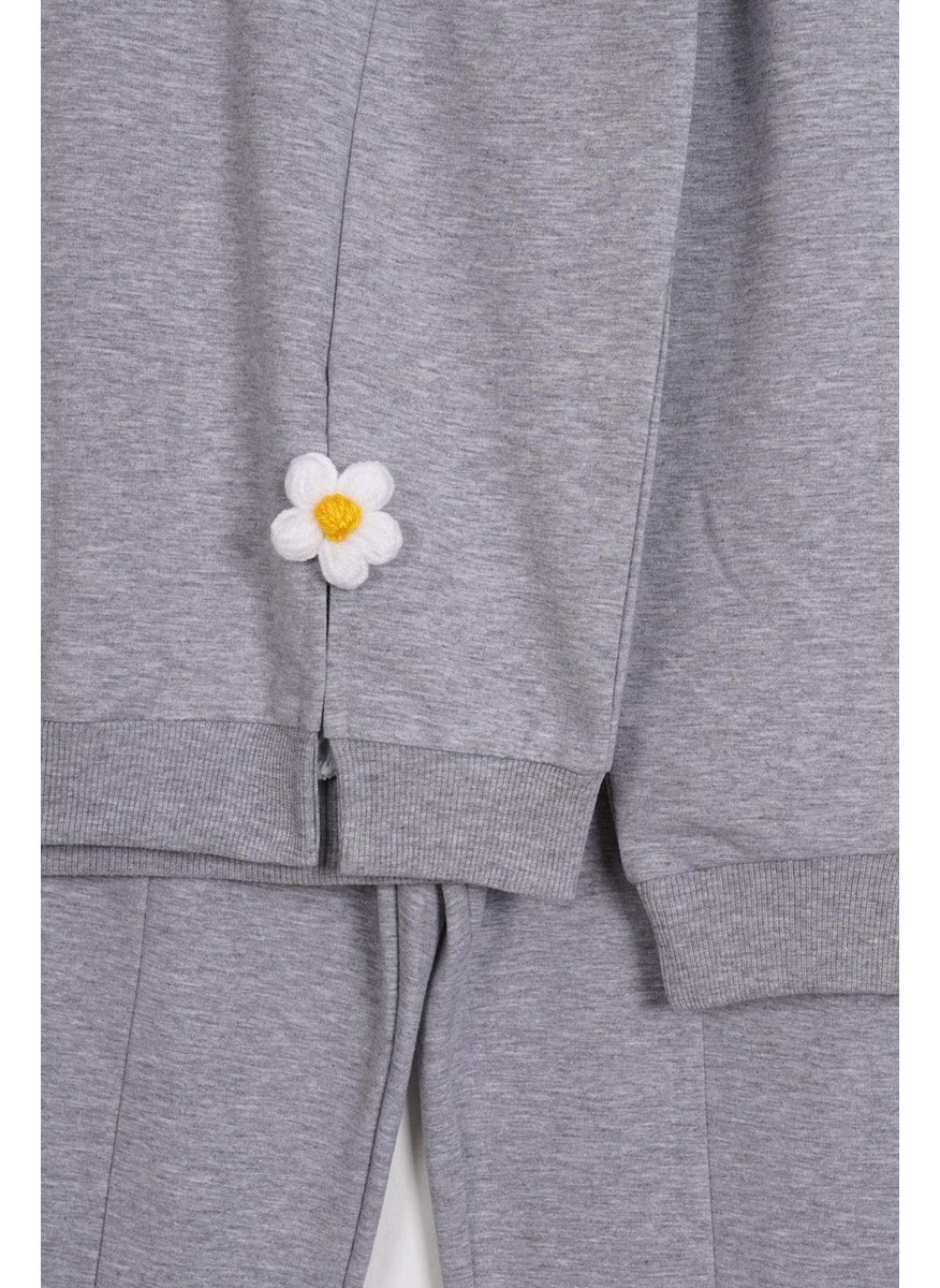Zepkids Crew Neck Long Sleeve Daisy Detailed Long Sleeve Gray Color Girls Tracksuit Set  - Image 2
