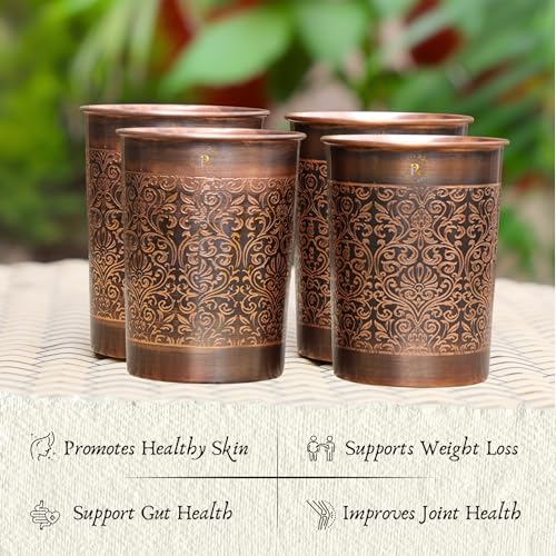 RUSTIC RELICS Pure Copper Handcrafted Glasses Set with Gift Box Set of 4 Antique Etching Design for Ayurveda Wellness | Elegant Ayurvedic Benefits | Perfect and Premium Gifting Hamper - 250ml - Image 2