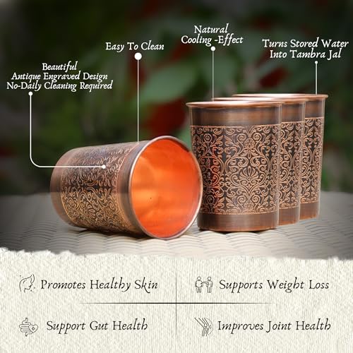 RUSTIC RELICS Pure Copper Handcrafted Glasses Set with Gift Box Set of 4 Antique Etching Design for Ayurveda Wellness | Elegant Ayurvedic Benefits | Perfect and Premium Gifting Hamper - 250ml - Image 5