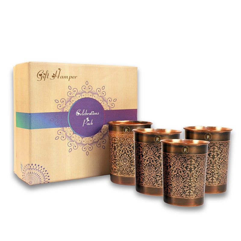 RUSTIC RELICS Pure Copper Handcrafted Glasses Set with Gift Box Set of 4 Antique Etching Design for Ayurveda Wellness | Elegant Ayurvedic Benefits | Perfect and Premium Gifting Hamper - 250ml - Image 1