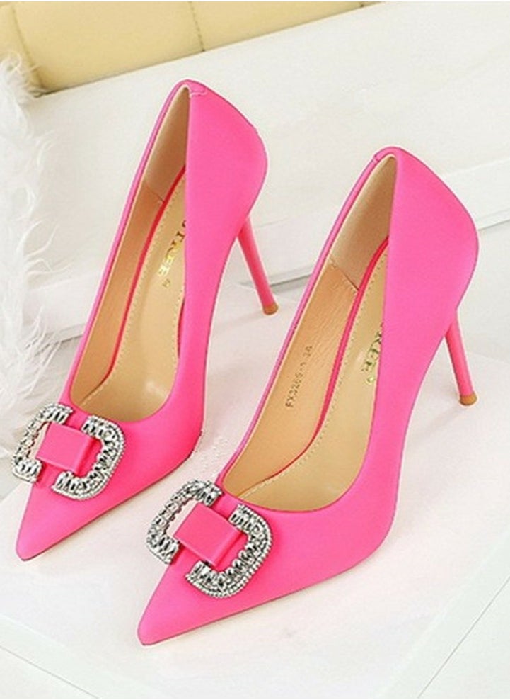 BIGTREE Women's Satin Closed Pointed Toe Stiletto Pump Rhinestone Square Buckle Decoration High Heels Rose Pink 10 CM  - Image 1