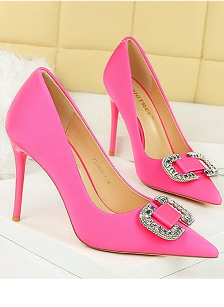 BIGTREE Women's Satin Closed Pointed Toe Stiletto Pump Rhinestone Square Buckle Decoration High Heels Rose Pink 10 CM  - Image 2