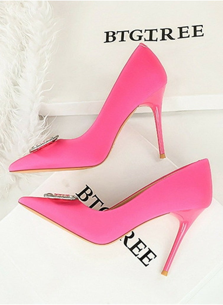 BIGTREE Women's Satin Closed Pointed Toe Stiletto Pump Rhinestone Square Buckle Decoration High Heels Rose Pink 10 CM  - Image 3